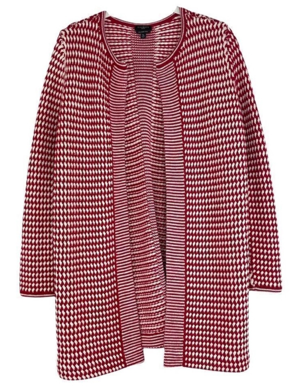 Talbots Red and White Merino Wool Open-Front Textured Cardigan